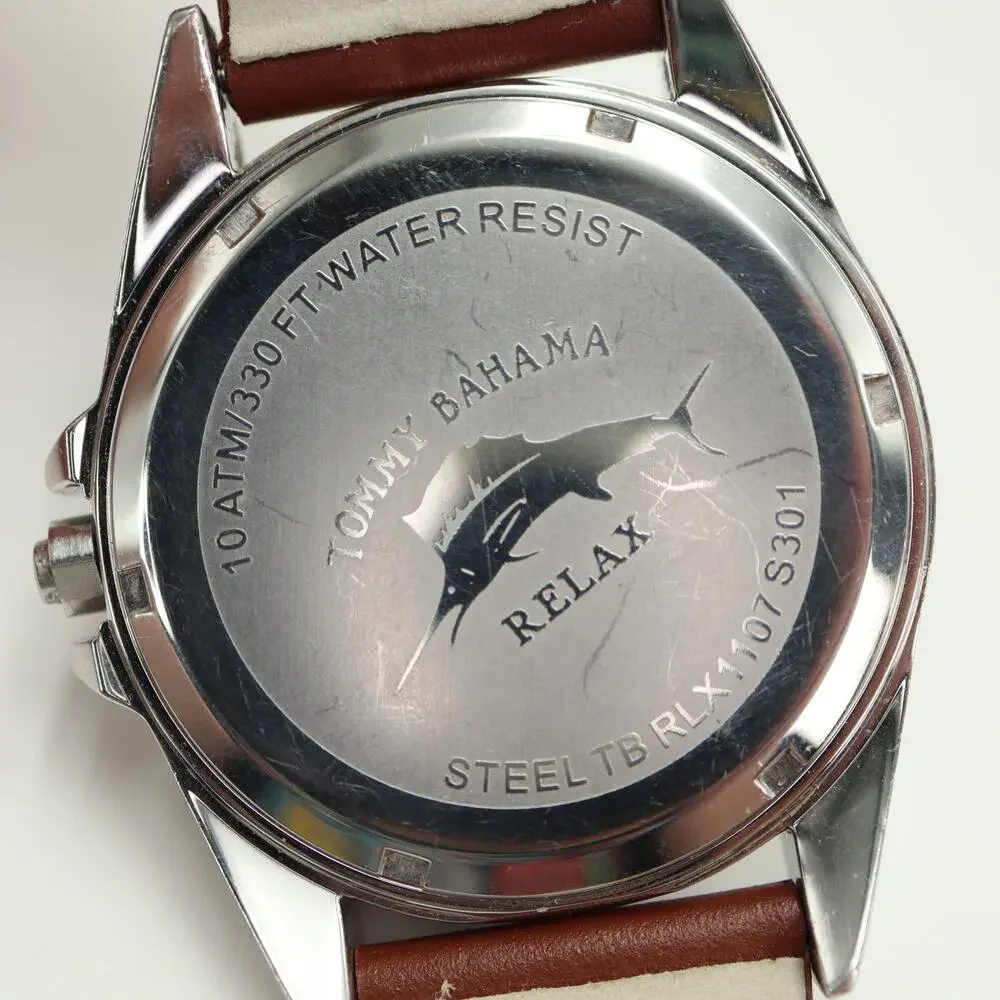 Tommy Bahama Relax Mens 42mm Date Watch Brown Leather Chipped Crystal Works READ